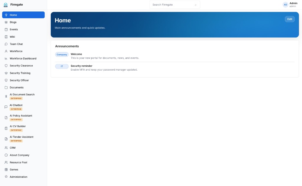 Firmgate Enterprise intranet — home dashboard with enterprise modules and announcements