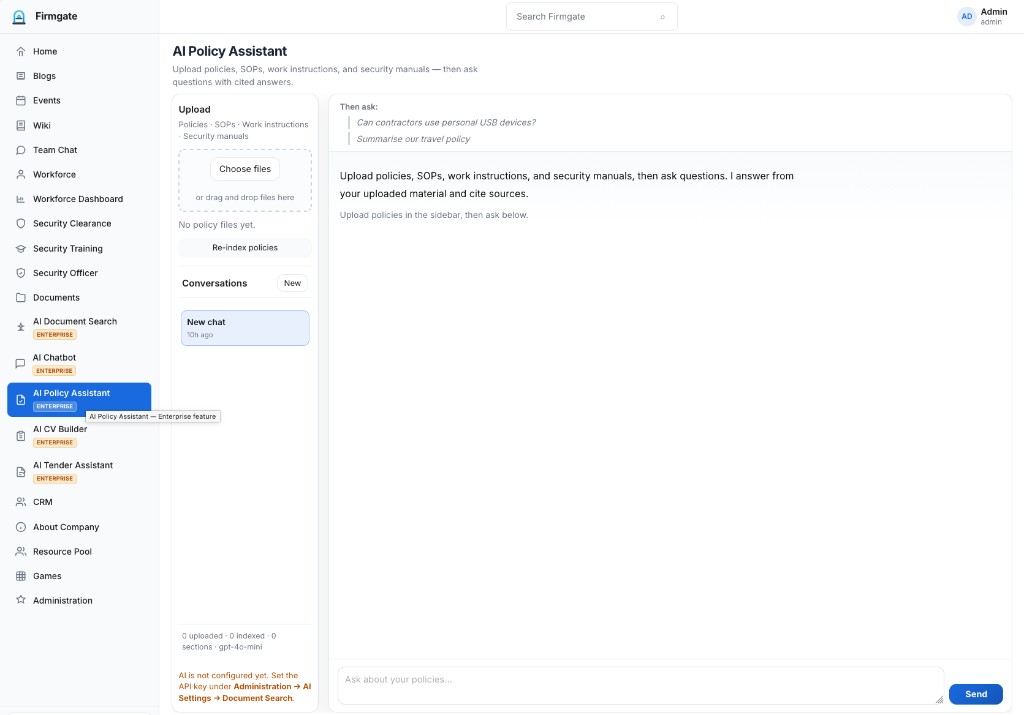 AI Policy Assistant — AI Policy Assistant — policy & SOP search with cited answers from uploaded material.