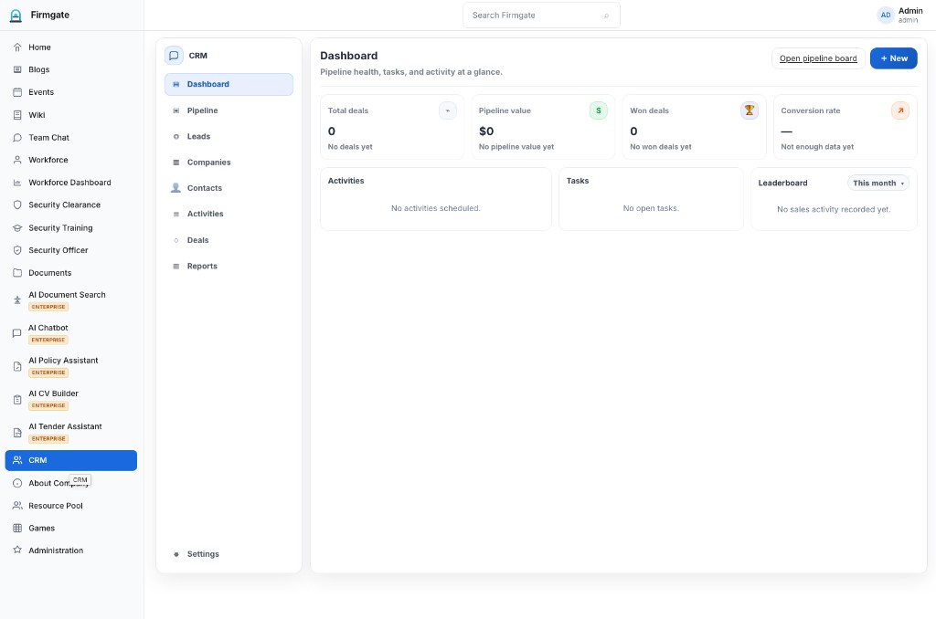 CRM — Enterprise — CRM pipeline dashboard, deals, activities, and tasks.