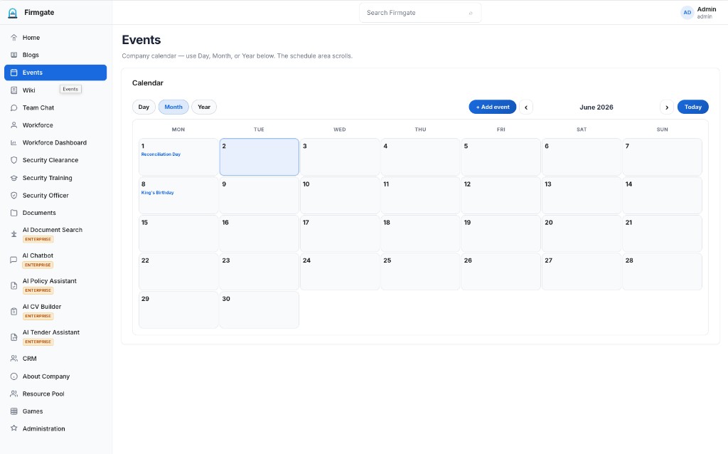 Events — Company calendar with day, month, and year views — including Australian public holidays.