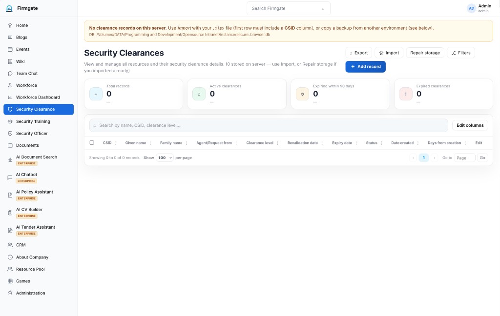 Security Clearance — Enterprise — CSID clearance tracking, expiry, import/export for compliance teams.