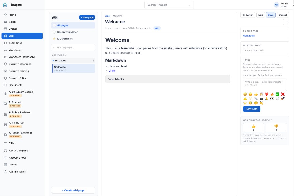 Wiki — Local wiki and knowledge base with Markdown, watchlists, and team notes.